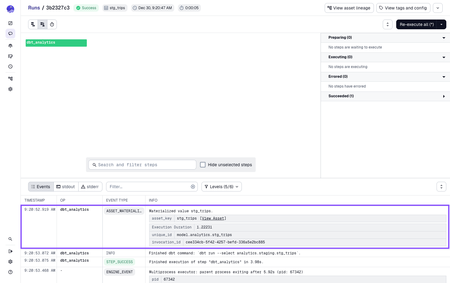 Highlighted asset materialization events for dbt assets in Dagster's run logs